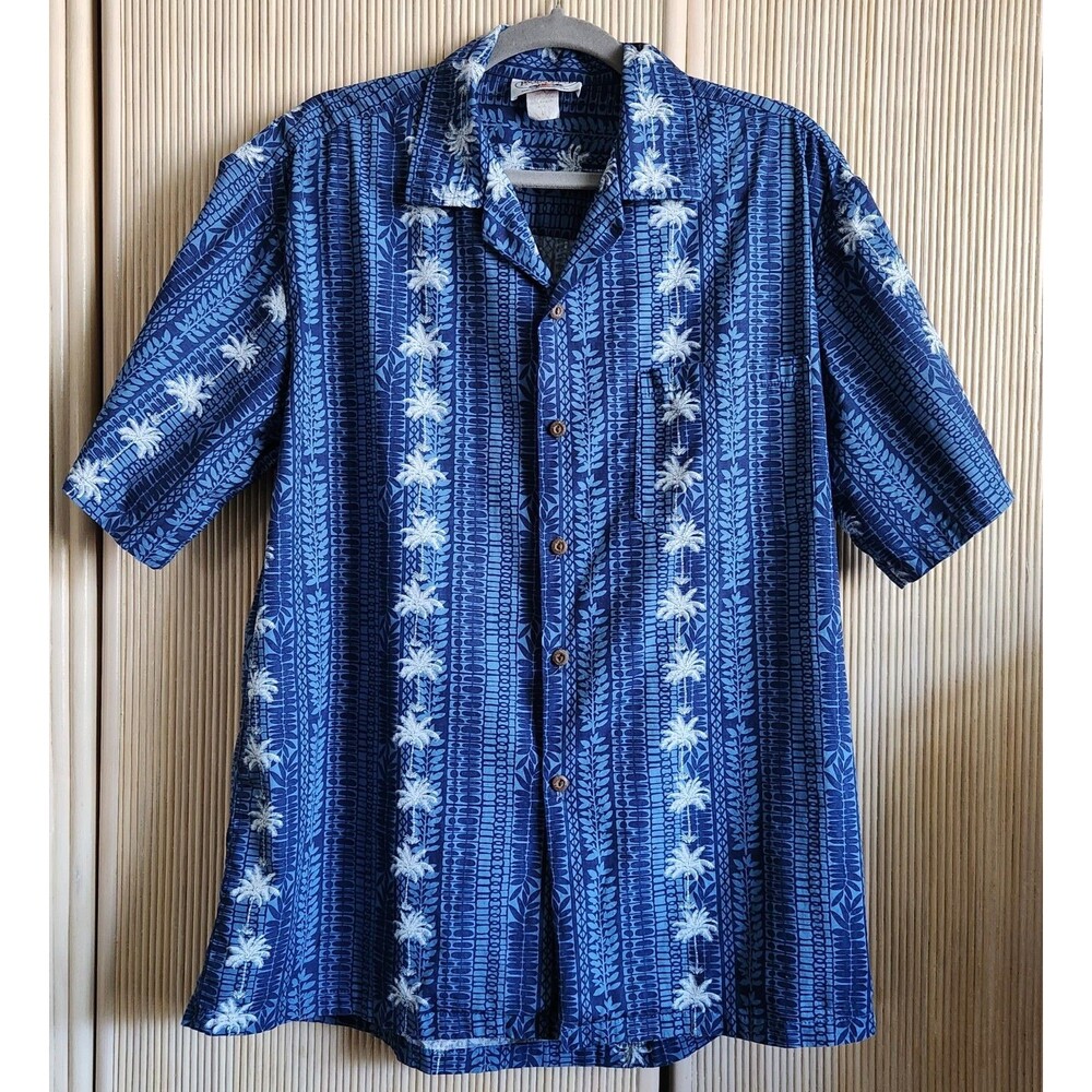 Pacific Legend Apparel Men's Shirt Size L Blue Hawaiian Aloha Palm Trees EUC